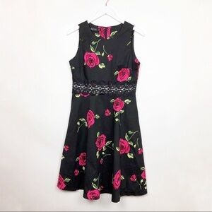 Homeyee Floral Cocktail Black MIDI Dress Large